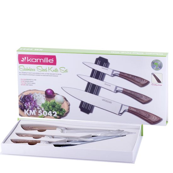 Набор кухонных ножей на магнитной планке Kamille КМ-5042 (3 ножа, магнитный настенный держатель)