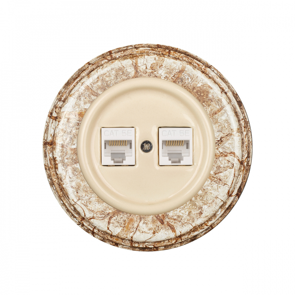 Розетка RJ45 информационная двойная, керамика, цвет Песочное золото B1-302-04