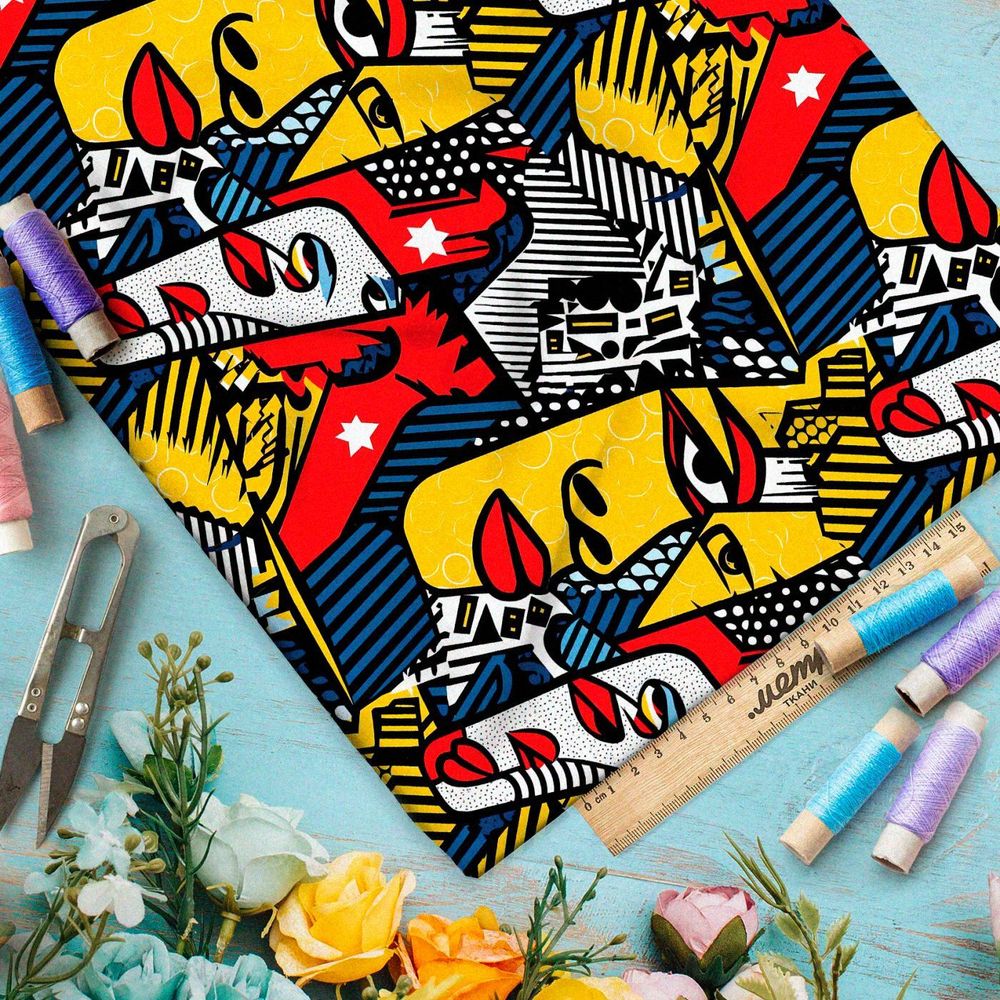 Ткань премиум флис яркий фантазийный коллаж