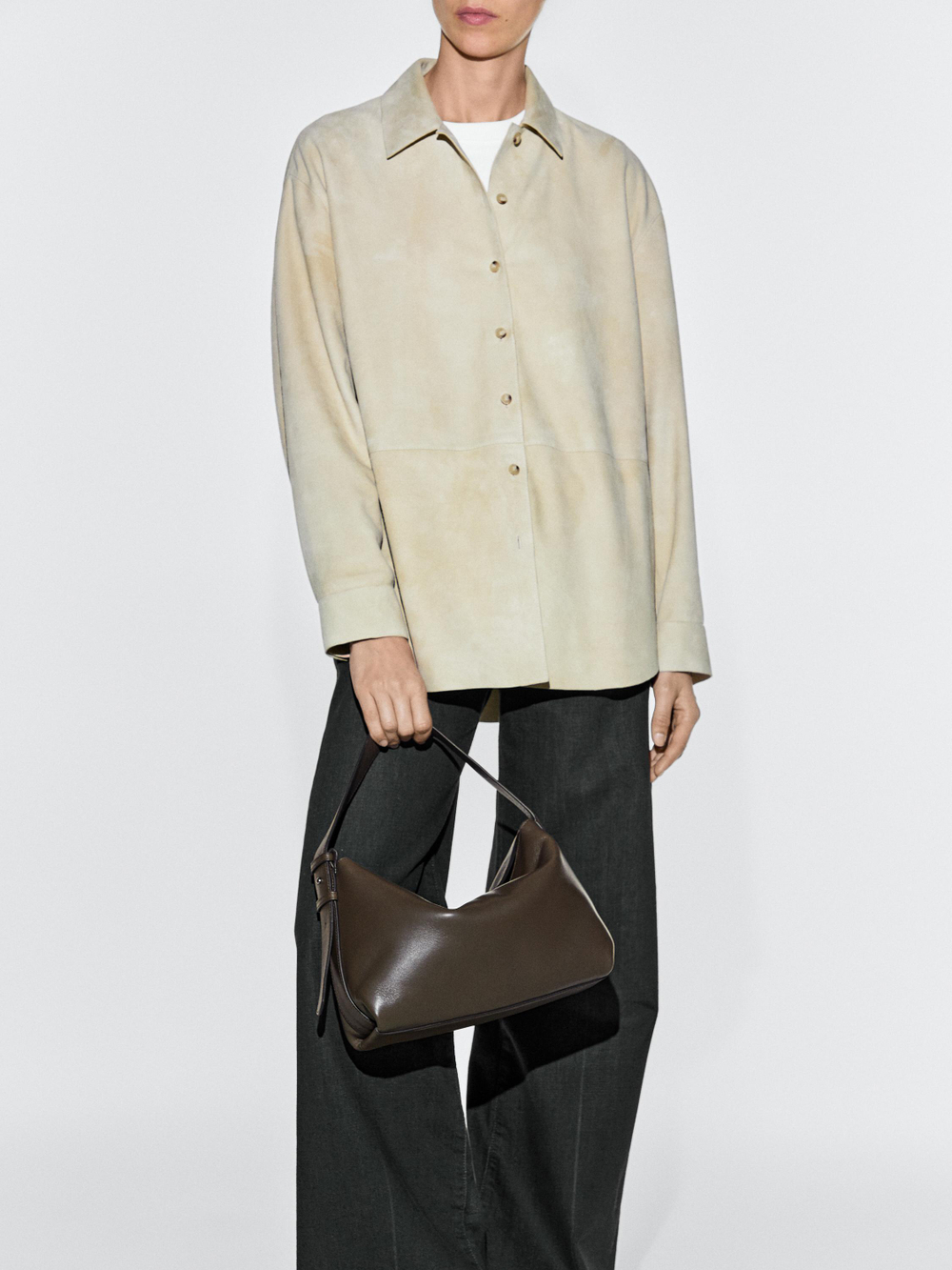 Massimo Dutti Небольшая сумка через плечо из кожи наппа, хаки