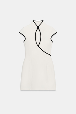 ZARA МИНИ-ПЛАТЬЕ С КОНТРАСТНЫМИ КАНТАМИ, ЖЕЛТОВАТО-БЕЛЫЙ