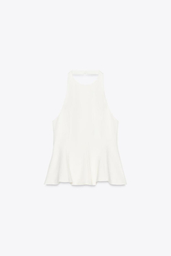 ZARA ТОП ИЗ ЭЛАСТИЧНОЙ ТКАНИ С ГОРЛОВИНОЙ ХАЛТЕР И БАСКОЙ, ЖЕЛТОВАТО-БЕЛЫЙ