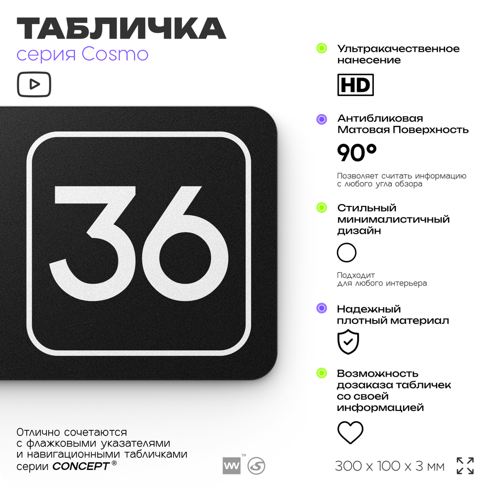 Табличка с номером склада "Склад №36", номер на дверь, 30 х 10 см, серия COSMO, черная, Айдентика Технолоджи