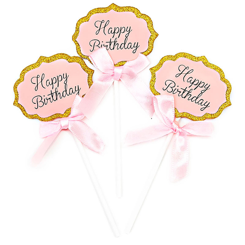 Топперы, Happy Birthday (золотой глиттер), Розовый, с блестками, 5 шт.