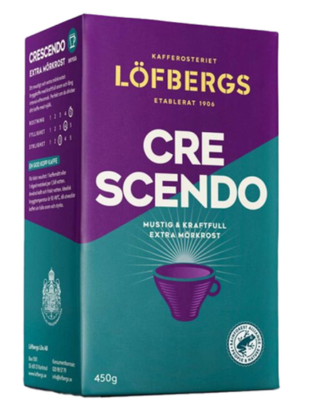 Кофе молотый Lofbergs Crescendo 500 гр., 100% арабика очень темной обжарки с сильным ароматом и долгим крепким послевкусием