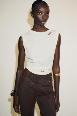 ZARA БРЮКИ FLARE ИЗ ТКАНИ ПОД ЗАМШУ С ЗАКЛЕПКАМИ, ШОКОЛАДНЫЙ