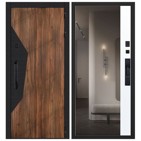 Купить Входная дверь Сапсан шагрень чёрная дуб старый ПВХ белый матовый с зеркалом и электронным замком