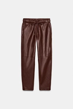 ZARA БРЮКИ ИЗ ИСКУССТВЕННОЙ КОЖИ С ЭЛАСТИЧНЫМ ПОЯСОМ, ГРАНАТОВЫЙ