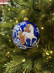 Стеклянный шар Снежная Лошадка 95 мм., синий, стекло, Ёлочка (С475/3)