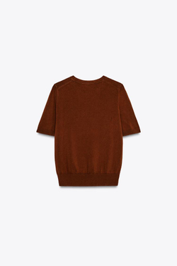 ZARA БАЗОВЫЙ ОДНОТОННЫЙ ТРИКОТАЖНЫЙ ТОП С КОРОТКИМИ РУКАВАМИ, СВЕТЛО-КОРИЧНЕВЫЙ