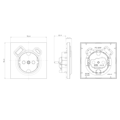 Накладка для розетки Schuko с зарядным устройством USB A+C, с защитными шторками, алюминий, серия R98