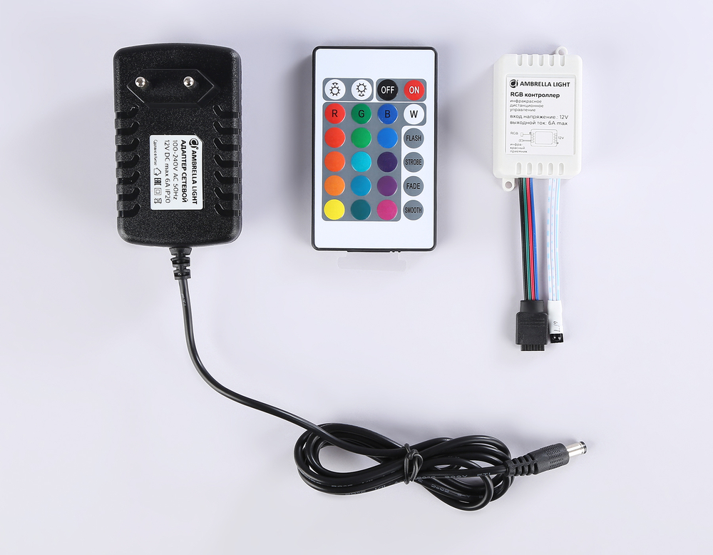 Комплект светодиодной ленты RGB 5m GS2402 5050 60Led /14.4W m/ 12V IP20 RGB/ 5000*10*1.87mm/ кратность резки 50mm (4 конт.) (адаптер, вилка, контролле