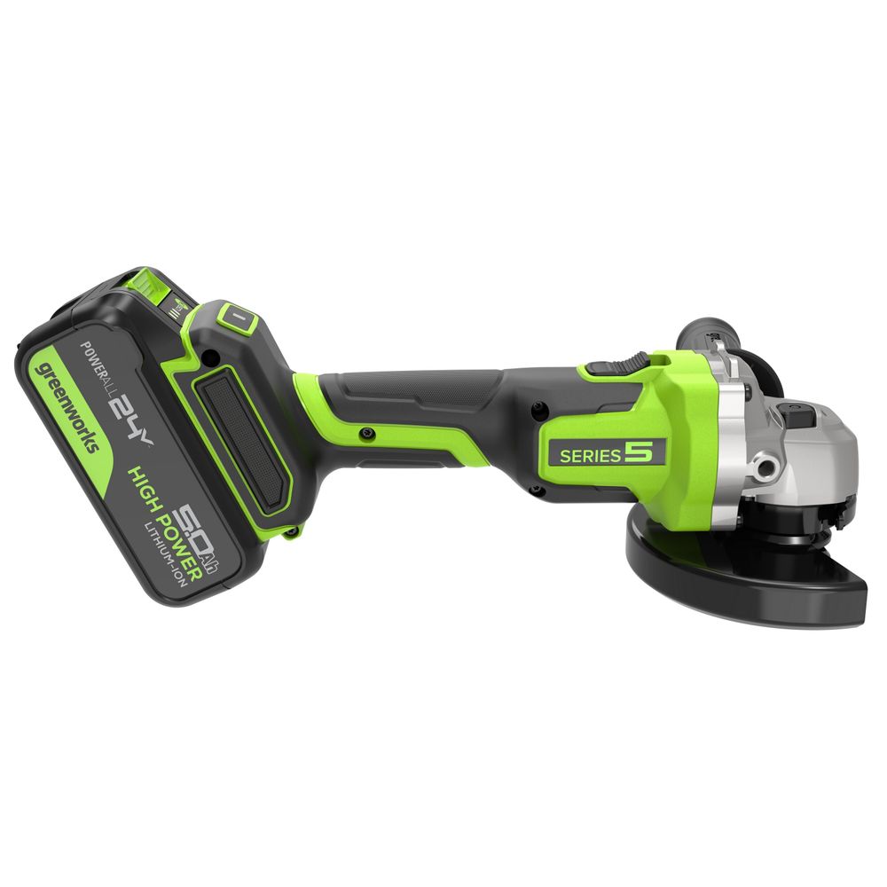 Угловая шлифовальная машина акк. Greenworks AG590, 24V, б/щет, 125 мм, 8500 об/мин, Anti-Kickback,1х5Ач,ЗУ,кор (3201007CUG)