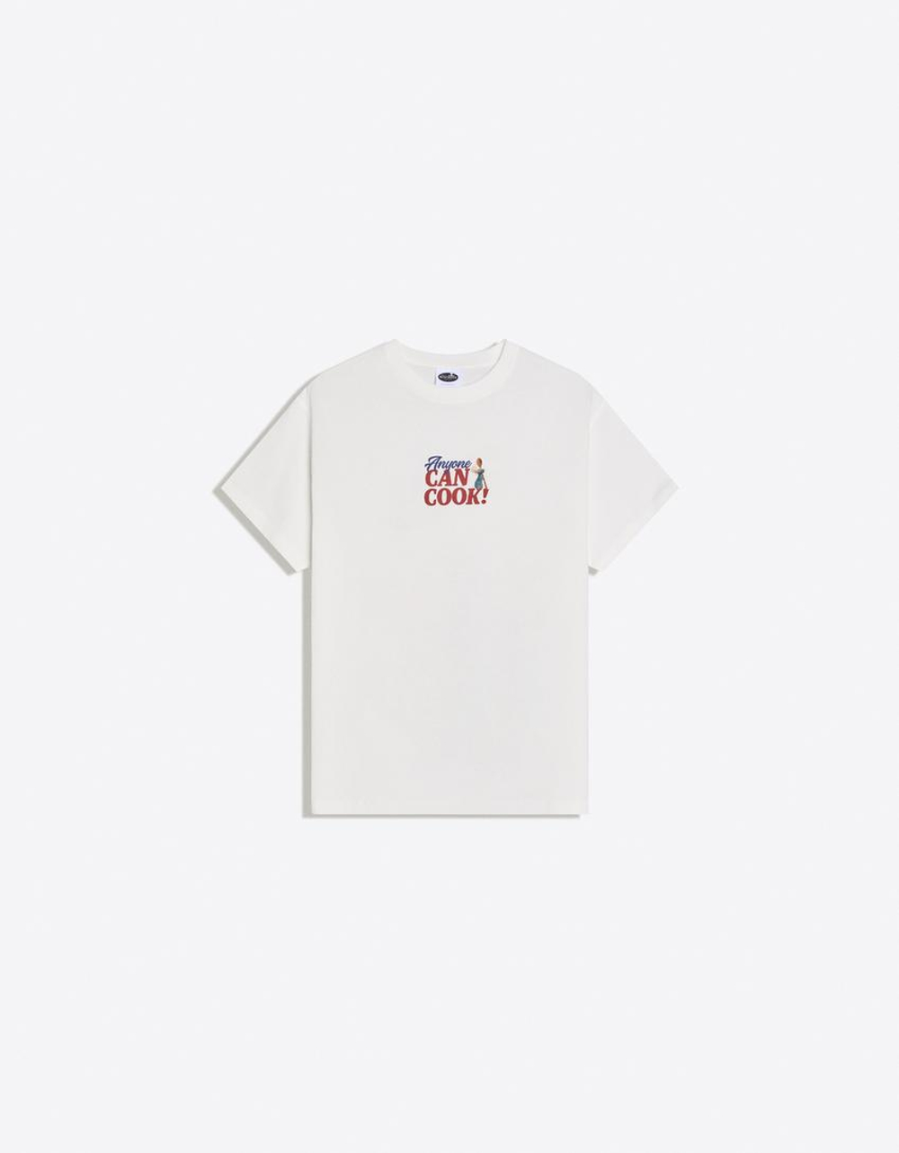 BERSHKA Футболка с короткими рукавами и принтом Ratatouille, белый