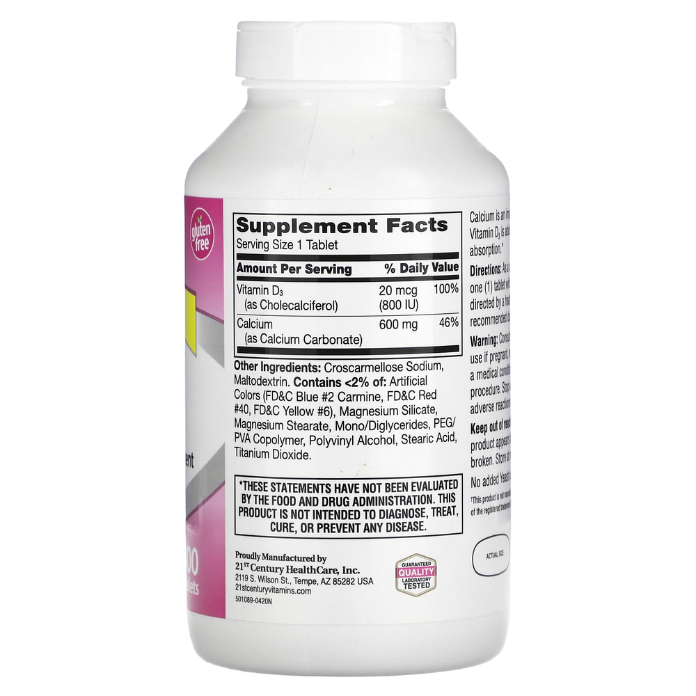 21st Century, 600+D3, добавка с кальцием и витамином D3, 400 таблеток