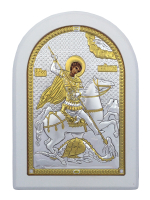 Георгий Победоносец, икона арочная, белое дерево  75х103