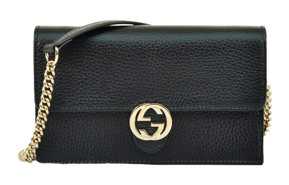 GUCCI Double G Leather WOC Chain Shoulder Messenger Bag Black