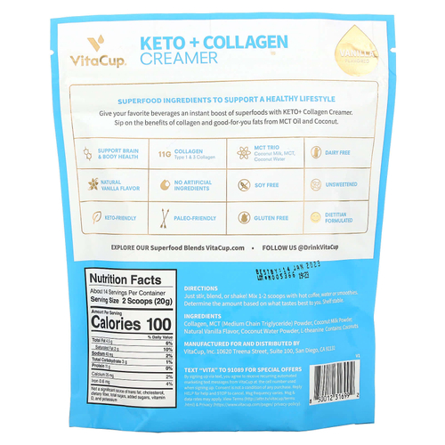 VitaCup, Кето + коллагеновые сливки, ваниль, 284 г (10 унций)