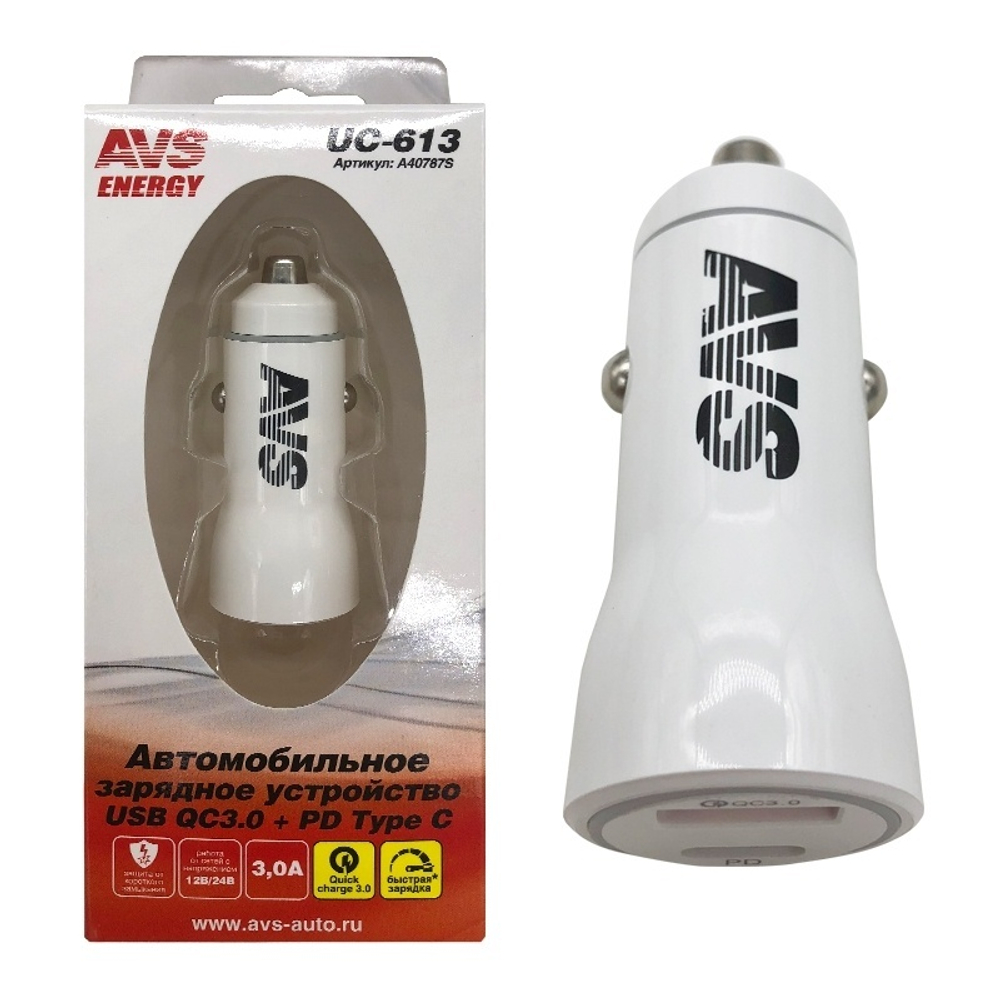 Зарядное устройство AVS 12/24 В 2 порта UC-613 3 А Quick Charge 3.0 (быстрая зарядка)