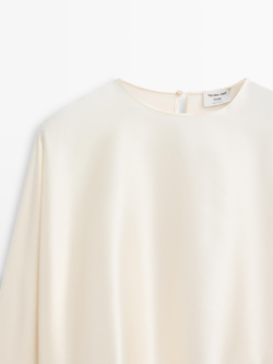 Massimo Dutti Блузка с короткими рукавами «летучая мышь» из 100% шелка - STUDIO, натуральный/кремовый