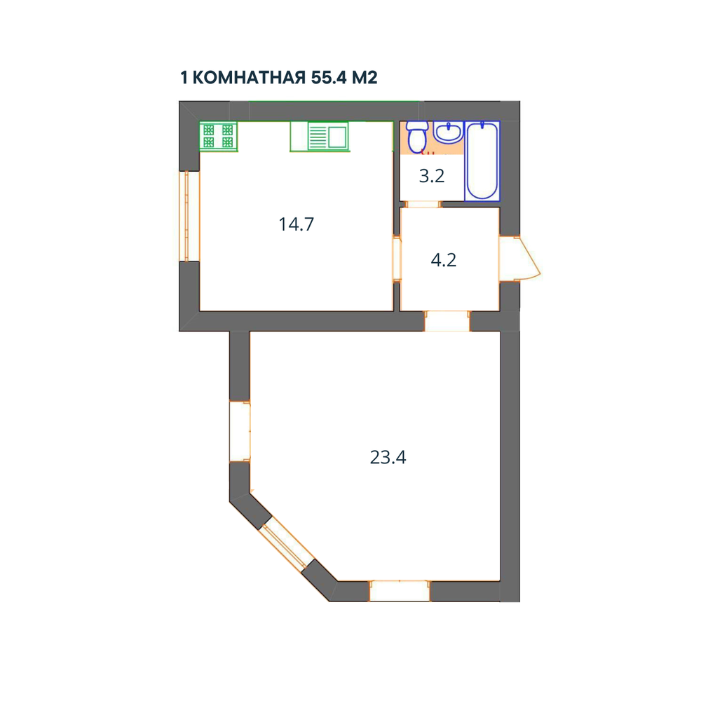1-комн. квартира, 55.4 м&amp;sup2; 3/3 этаж