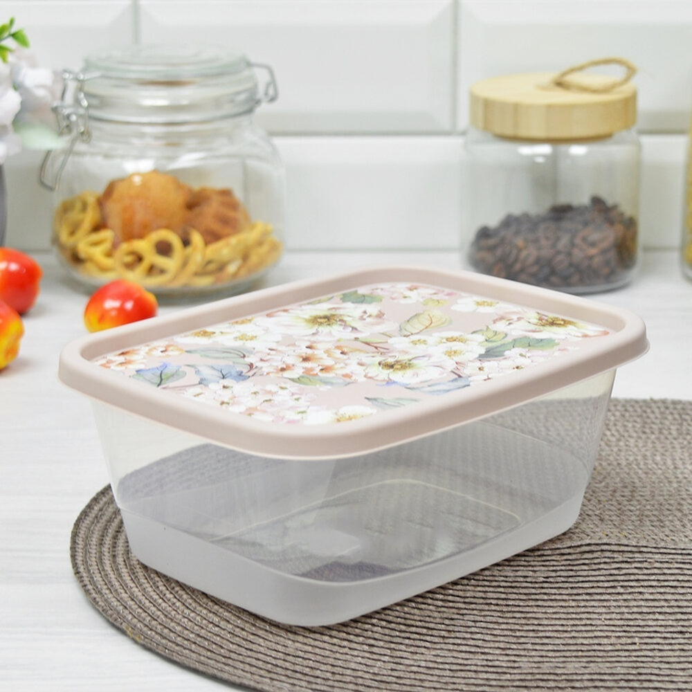 Контейнер для продуктов 1,5л прямоугольный с декором (бежевый)