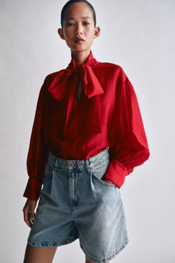 ZARA АТЛАСНАЯ РУБАШКА С ПЛАТКОМ — ZW COLLECTION, КРАСНЫЙ