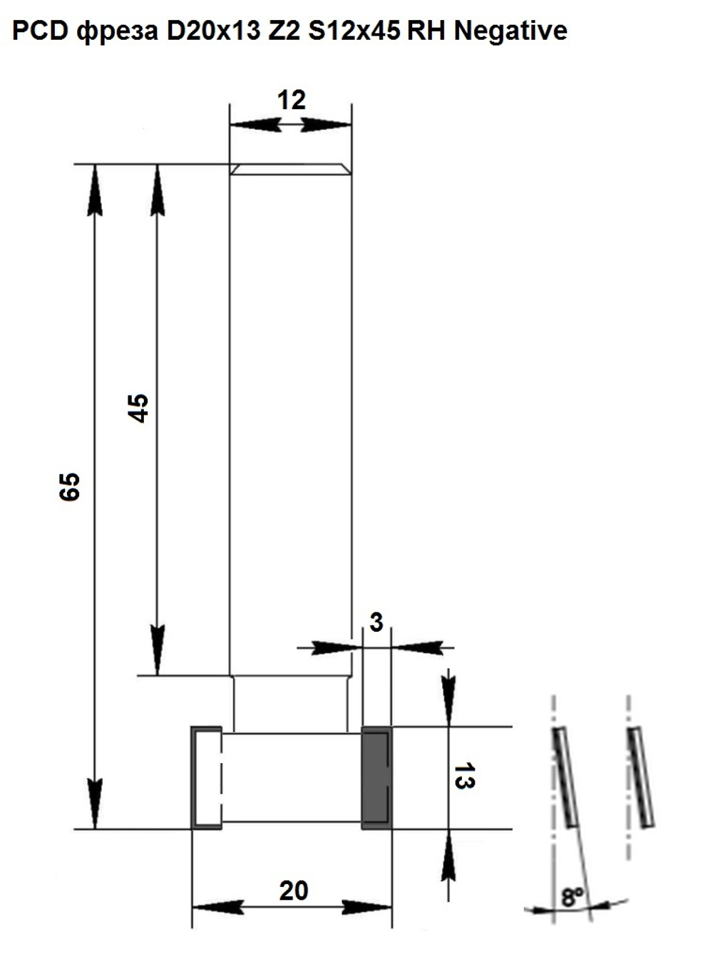 PCD концевая фреза D.20x13 H3 S.12x45 Z2