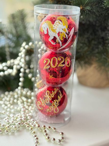 Набор стеклянных шаров Новый год 3 шт., 60 мм., красный, стекло, Ёлочка (С1127/2)