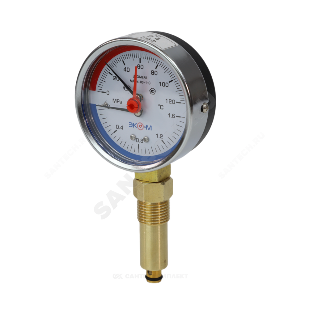 Термоманометр МД04 радиальный Дк80 0-0,6 МПа L=40мм G1/4" 120С с переходником на G1/2" ЭКОМЕРА МД04-80-G-0,6МПа-120-L-40-РИ