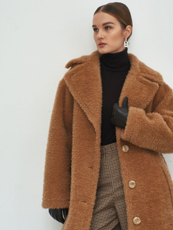 Шуба чебурашка женская из овечьей шерсти тедди, коричневая, SilverFox