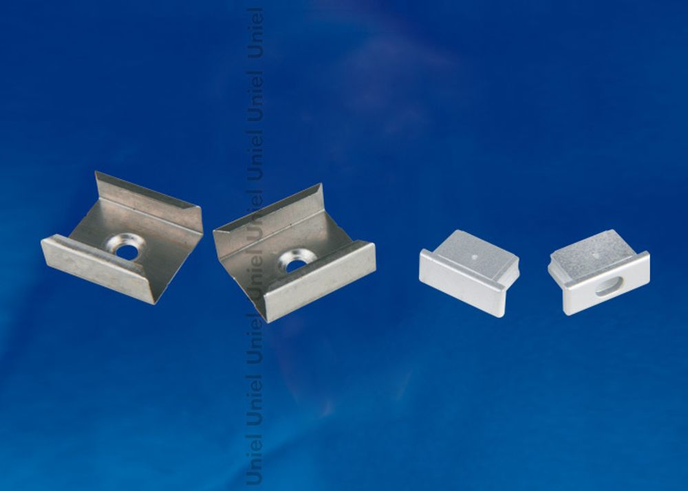 UFE-N12 SILVER A POLYBAG Набор аксессуаров для алюминиевого профиля. Крепежные скобы (4 шт., сталь) и заглушки (4 шт., пластик). Цвет серебро. ТМ Unie