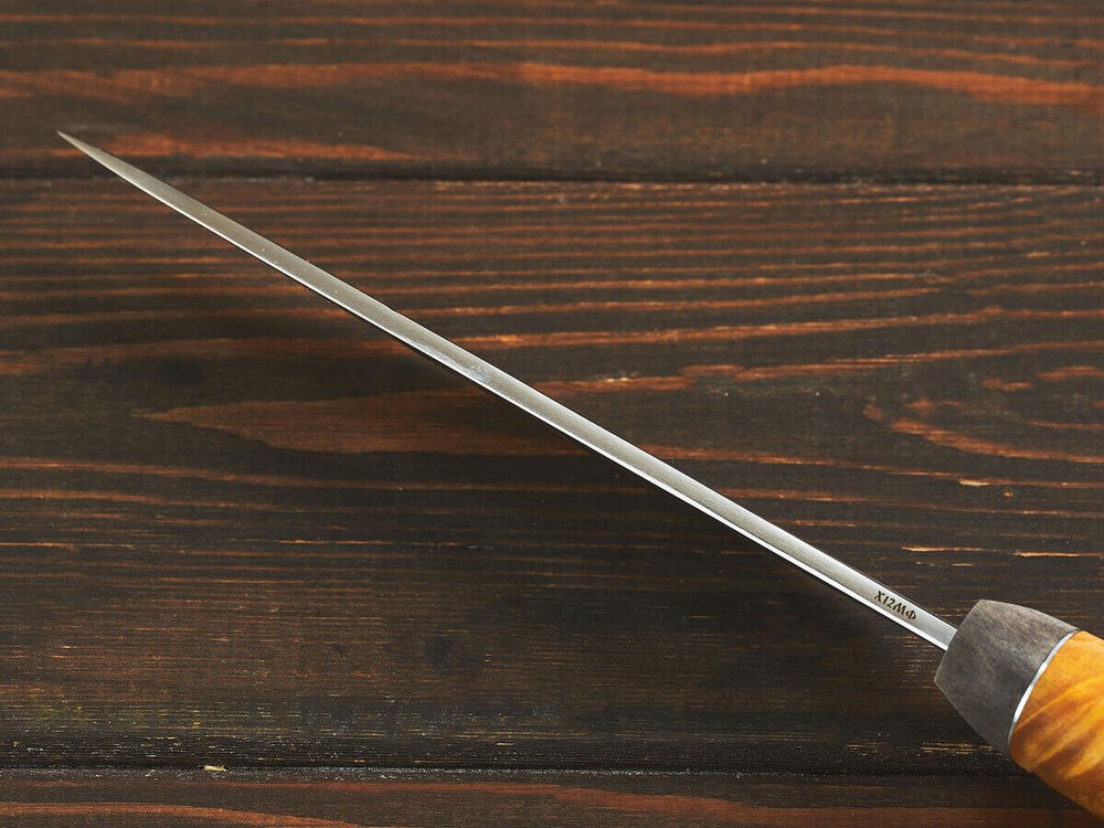 Якутский нож "Амга", сталь Х12МФ, рукоять желтая стабилизированная карельская береза / акрил черный жемчуг