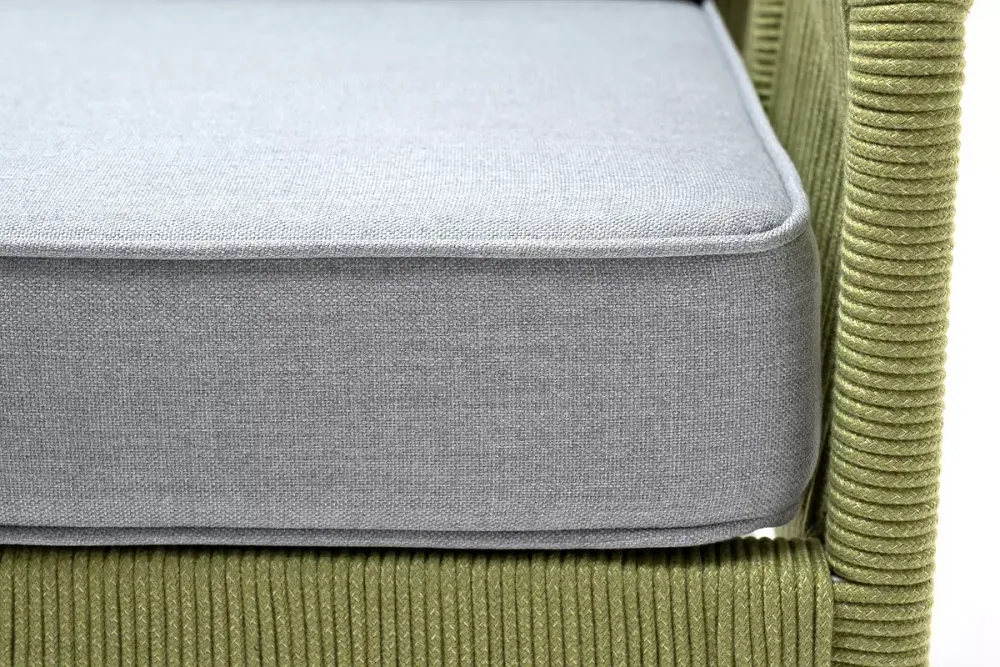 "Канны" кресло плетеное из роупа, каркас алюминий светло-серый (RAL7035) муар, роуп салатовый меланж круглый, ткань светло-серая