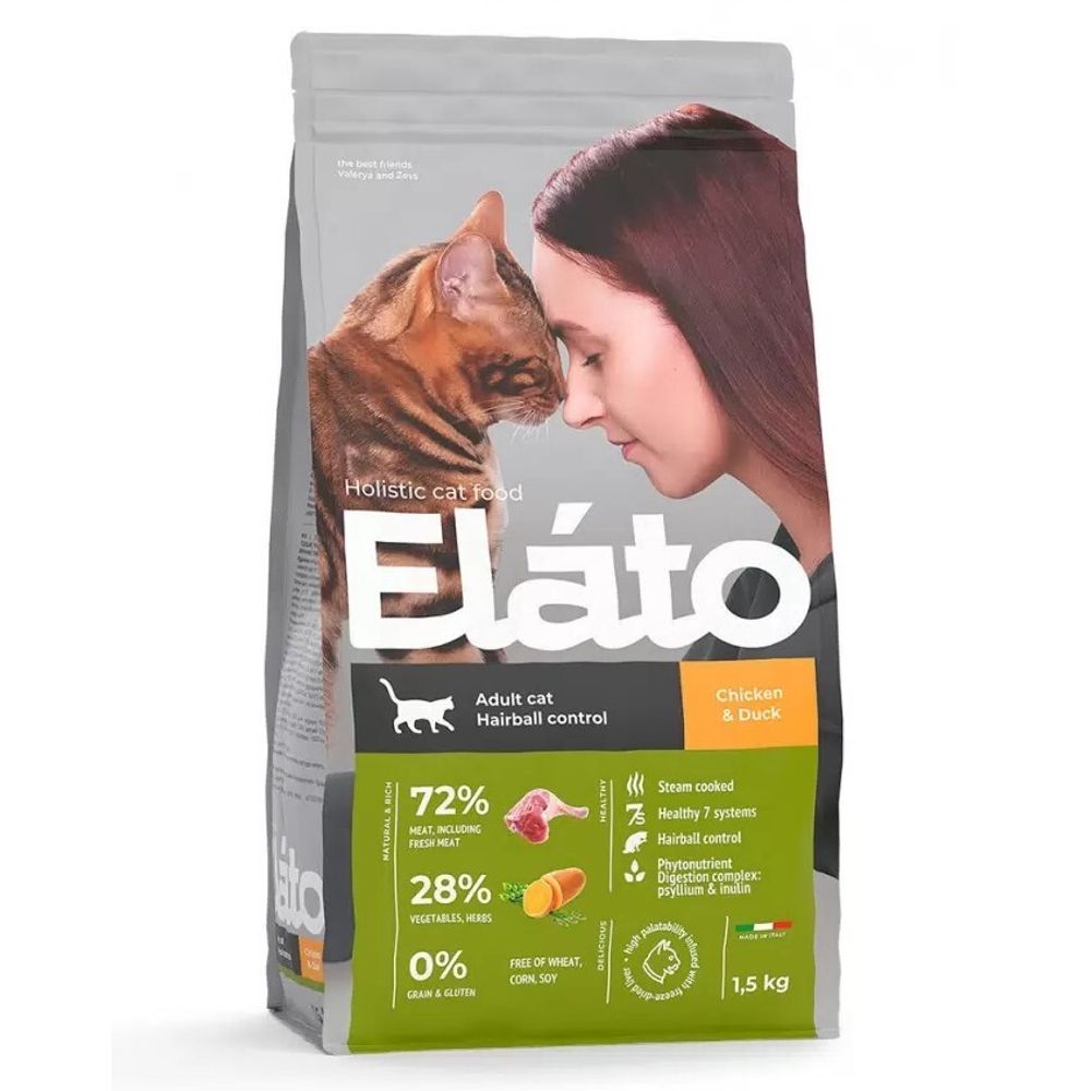 Сухой корм Elato Holistic для кошек с курицей и уткой для выведения шерсти - 1,5 кг