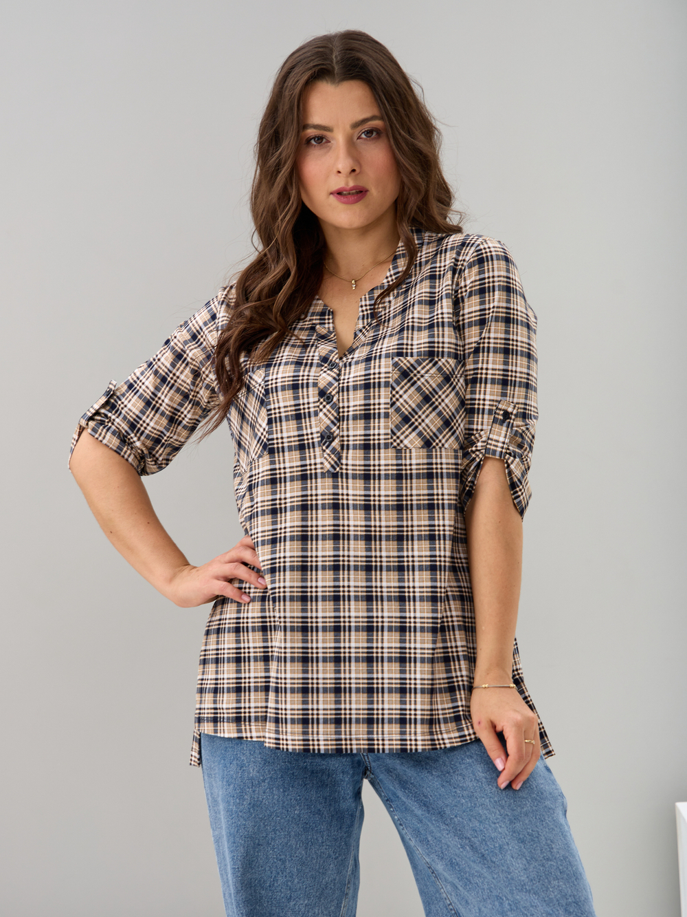 Блузка БЛ-131/клетка-бежевосиняя