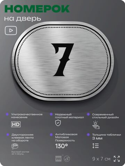 Номерок на дверь квартиры 7, для кабинета, офиса, шильдик 9 х 7 см, серебристый, Айдентика Технолоджи