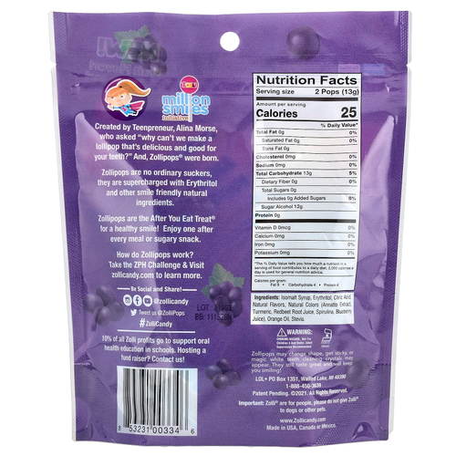 Zollipops, Леденцы для чистых зубов, виноград, 15 леденцов ZolliPops, 3,1 унции