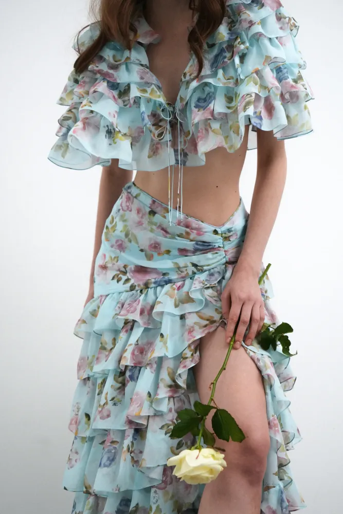 Лисса макси (Lissa maxi), юбка макси из голубого шифона с цветочным принтом