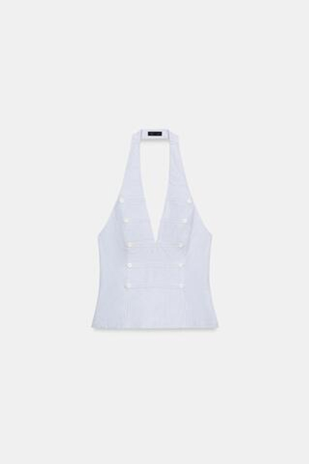 ZARA ТОП С ГОРЛОВИНОЙ ХАЛТЕР И ПУГОВИЦАМИ, СИНИЙ/БЕЛЫЙ