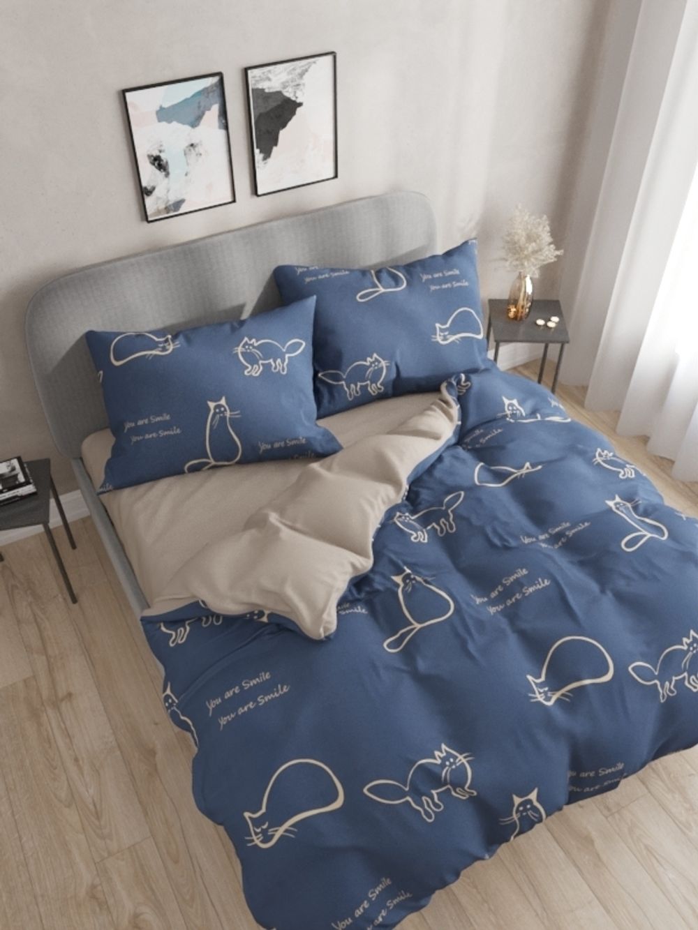 Постельное белье Simple House "Котики (полисатин)/Котики (компаньон)" 2-сп  Наволочка 50х70 см 2 шт  Простынь  240х215 см  Пододеяльник 175х215 см