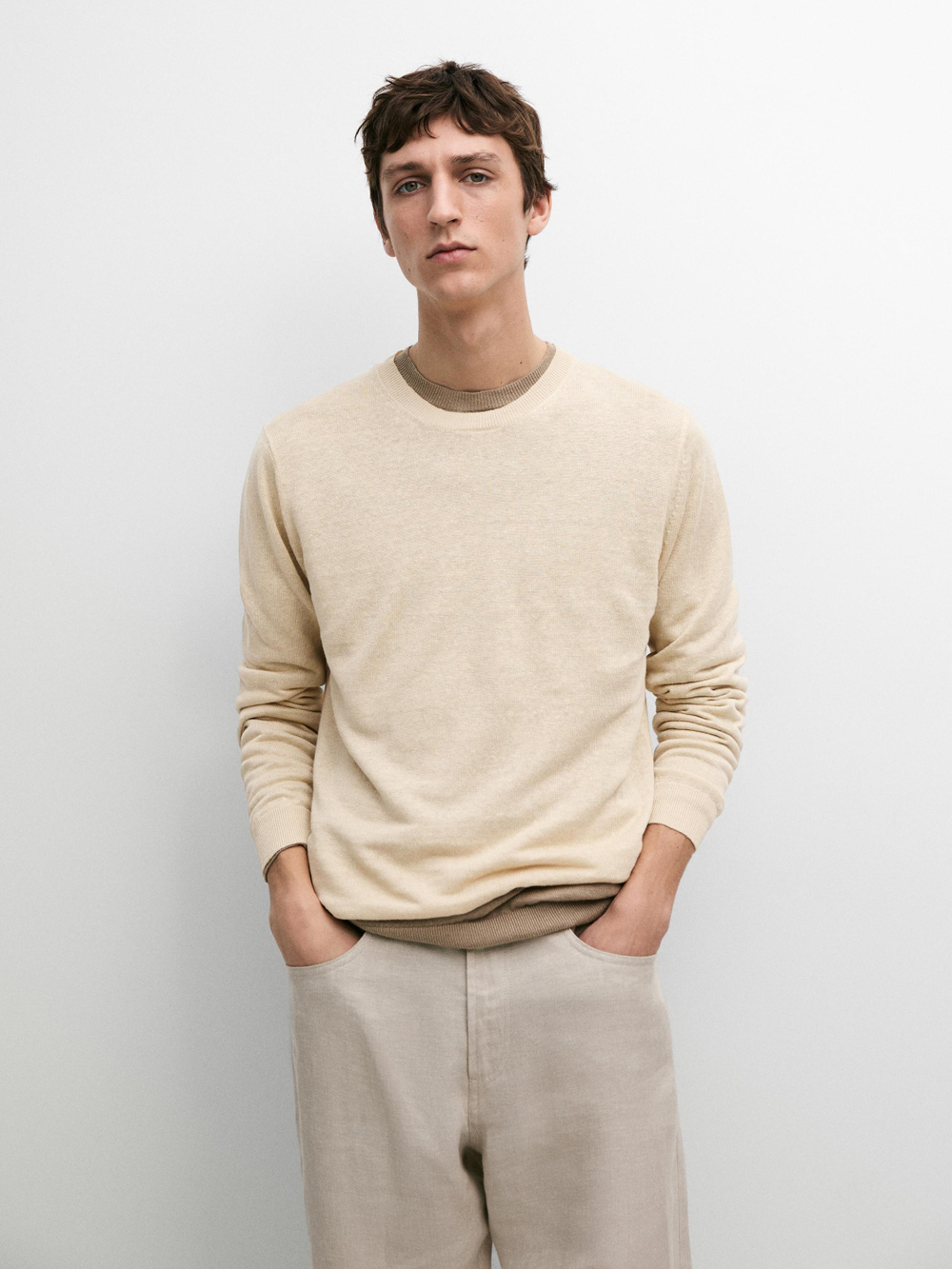 Massimo Dutti Вязаный льняной свитер с круглым вырезом, ванильный