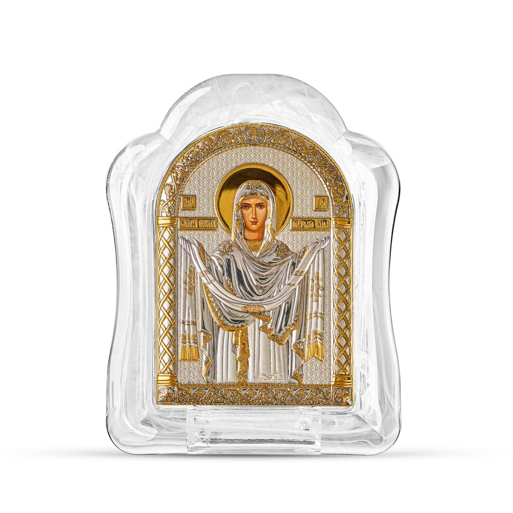 Покрова БМ, икона арочная, белое муранское стекло 65х85