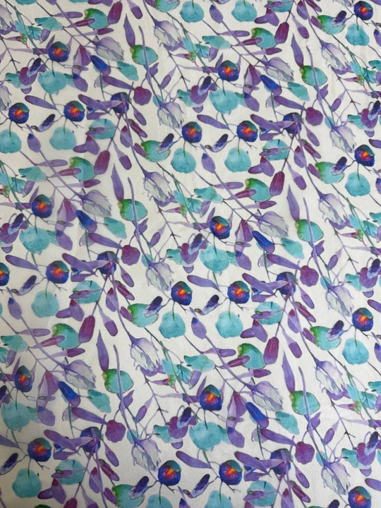 Шифон принт, silk, листья голубой/фиолетовый на молочном RH D7C2