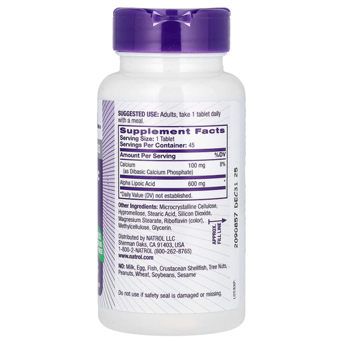 Natrol, Альфа-липоевая кислота, медленное высвобождение, 600 мг, 45 таблеток