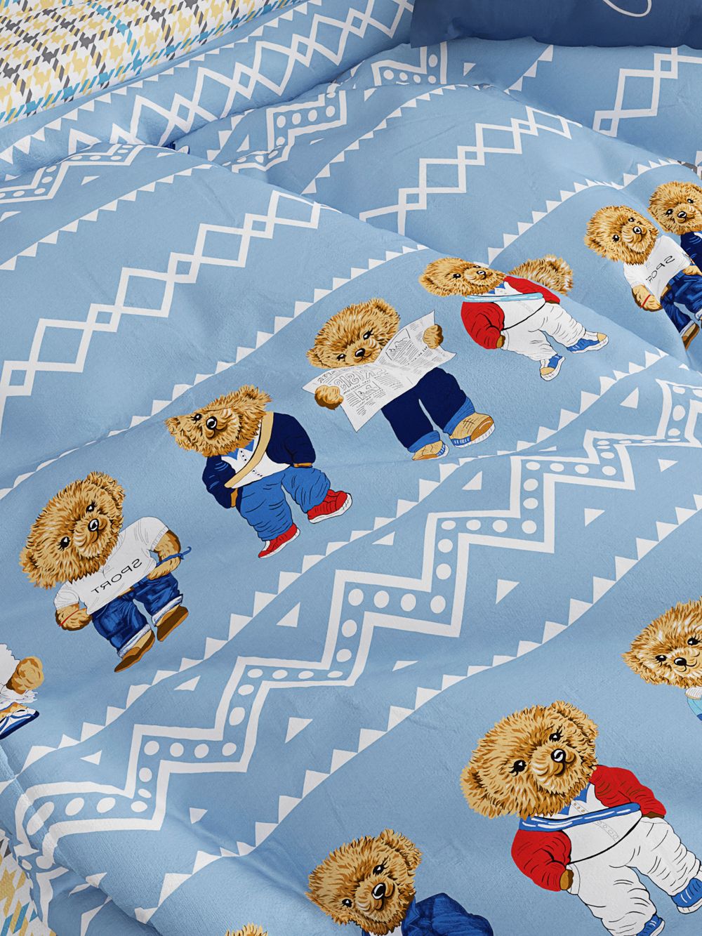 Постельное белье Сказка "Мишки/Гусиная лапка" 1,5-сп Наволочка 50х70 см 1 шт Простынь на резинке 90х200 см Пододеяльник 145х215 см, перкаль