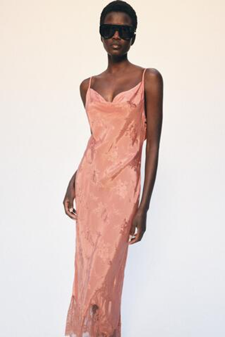 ZARA ЖАККАРДОВОЕ ПЛАТЬЕ С КРУЖЕВОМ — ZW COLLECTION, ЛОСОСЕВЫЙ