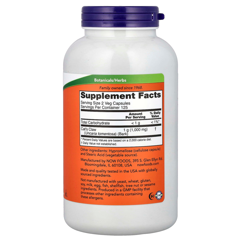 NOW Foods, кошачий коготь, 500 мг, 250 растительных капсул