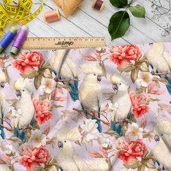 Ткань премиум бифлекс белые попугаи в цветах