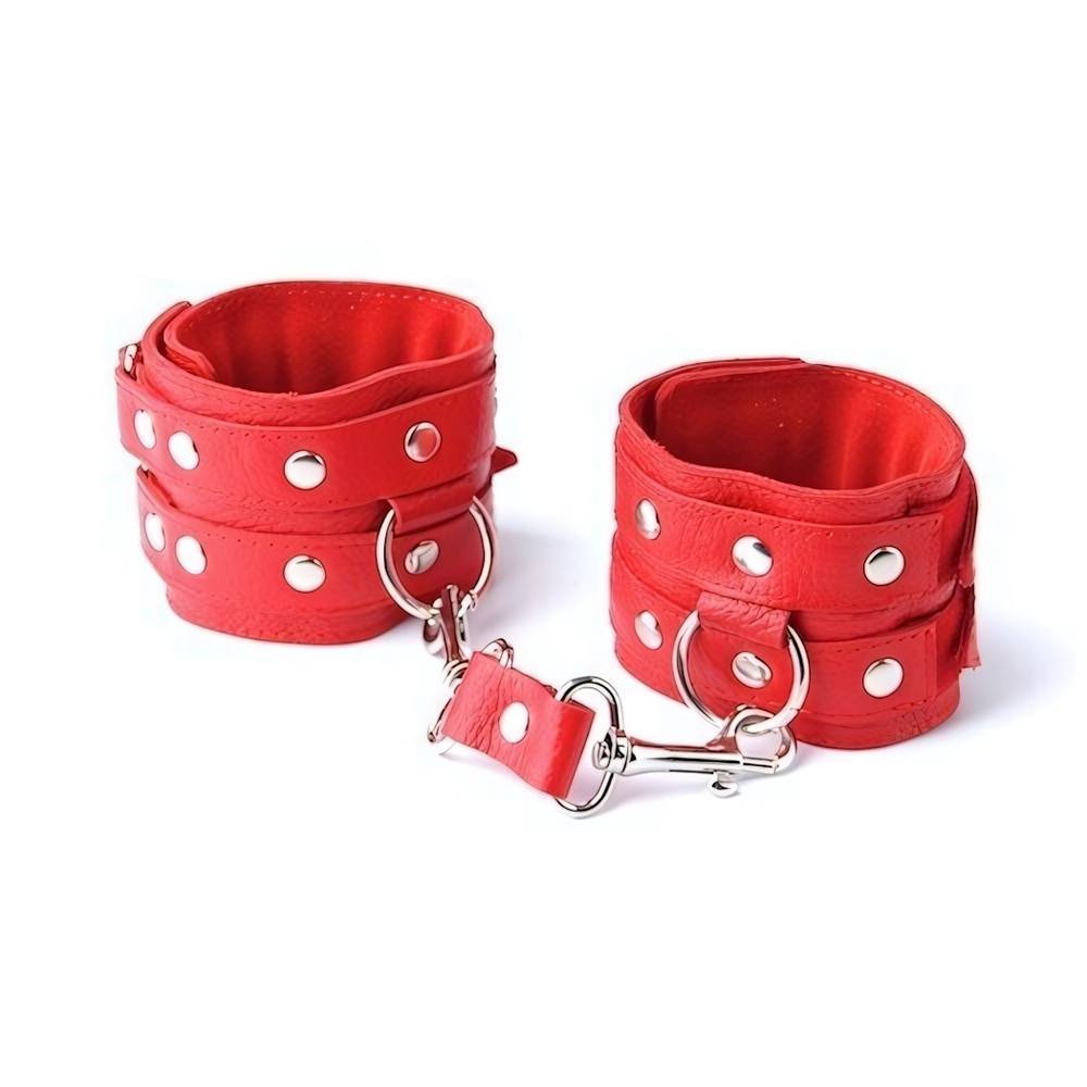 Красные кожаные наручники с велюровой подкладкой (Цвет: красный)
